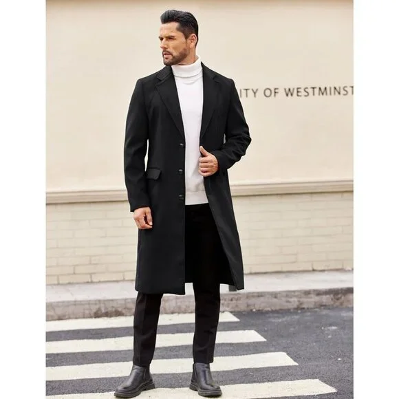 Men’s Long Trench Coat Single-Breasted Wool Blend Overcoat with Notched Collar - Picture 2 of 6